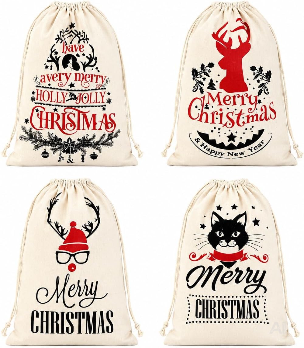 Jutesack Weihnachten 4er-Set Modell 2 – große Geschenksäcke 35 × 50 cm mit Kordelzug und Weihnachtsmotiven, wiederverwendbare Nikolaussäcke in natürlicher Jute-Optik zum Befüllen und Verschenken
