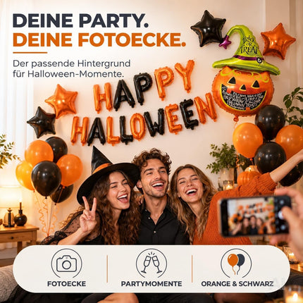 Halloween Deko Set – Luftballons in Orange und Schwarz, Kürbis, Happy Halloween Schriftzug und Sterne für Partydekoration