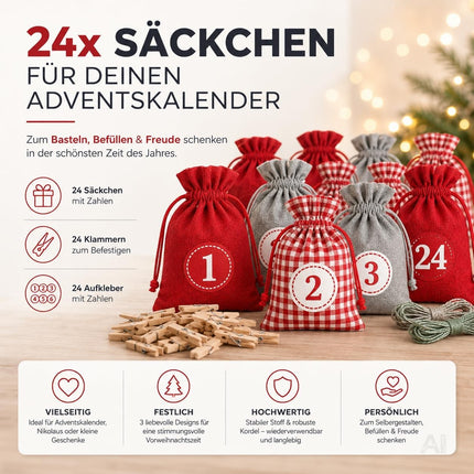 Adventskalender mit 24 Säckchen Modell 1 in Rot, Grau und Rot-Weiß kariert – Produktmotiv 7