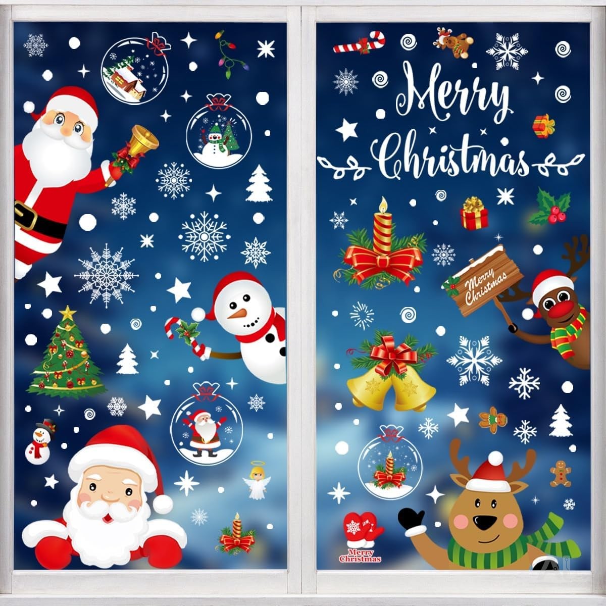 Fensterbilder Weihnachten Modell 2 – 192 bunte Fenstersticker auf 9 Bögen, statisch haftende Weihnachtsdeko ohne Kleber für Fenster, Spiegel und Glas, mit Weihnachtsmann, Schneemann und Rentier