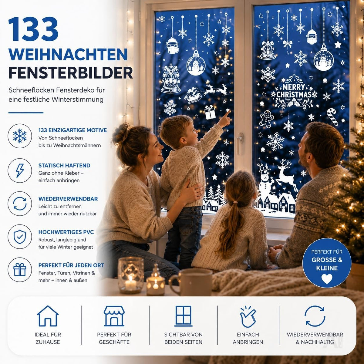 Weiße Weihnachts-Fensterbilder Modell 3 mit Rentieren und Schneeflocken – Produktmotiv 2