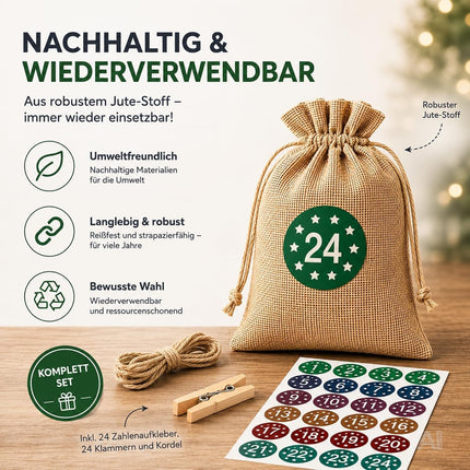 Adventskalender mit 24 Säckchen Modell 3 in Rot, Blau, Grau und Naturfarben – Produktmotiv 5