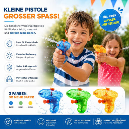 Bunte Mini-Wasserpistolen – von Kindern im Garten benutzt