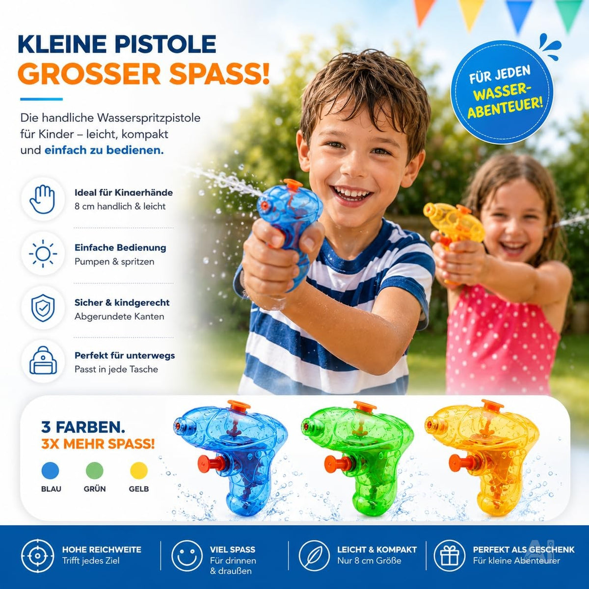 Bunte Mini-Wasserpistolen – von Kindern im Garten benutzt