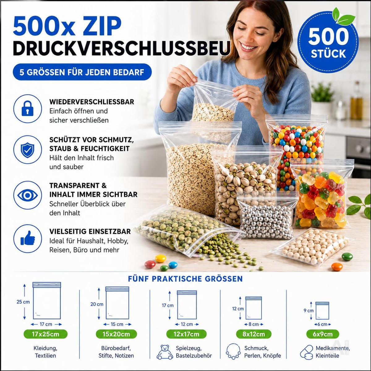 Transparente Druckverschlussbeutel in verschiedenen Größen – mit Vorräten auf einer Küchenarbeitsplatte