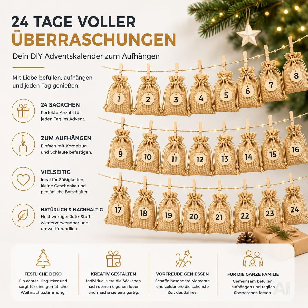 24 naturfarbene Adventskalender-Säckchen mit Kordelzug – Produktmotiv 3