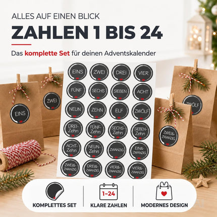 Adventskalender-Aufkleber mit den Zahlen 1 bis 24 – Übersicht der Zahlen 1 bis 24