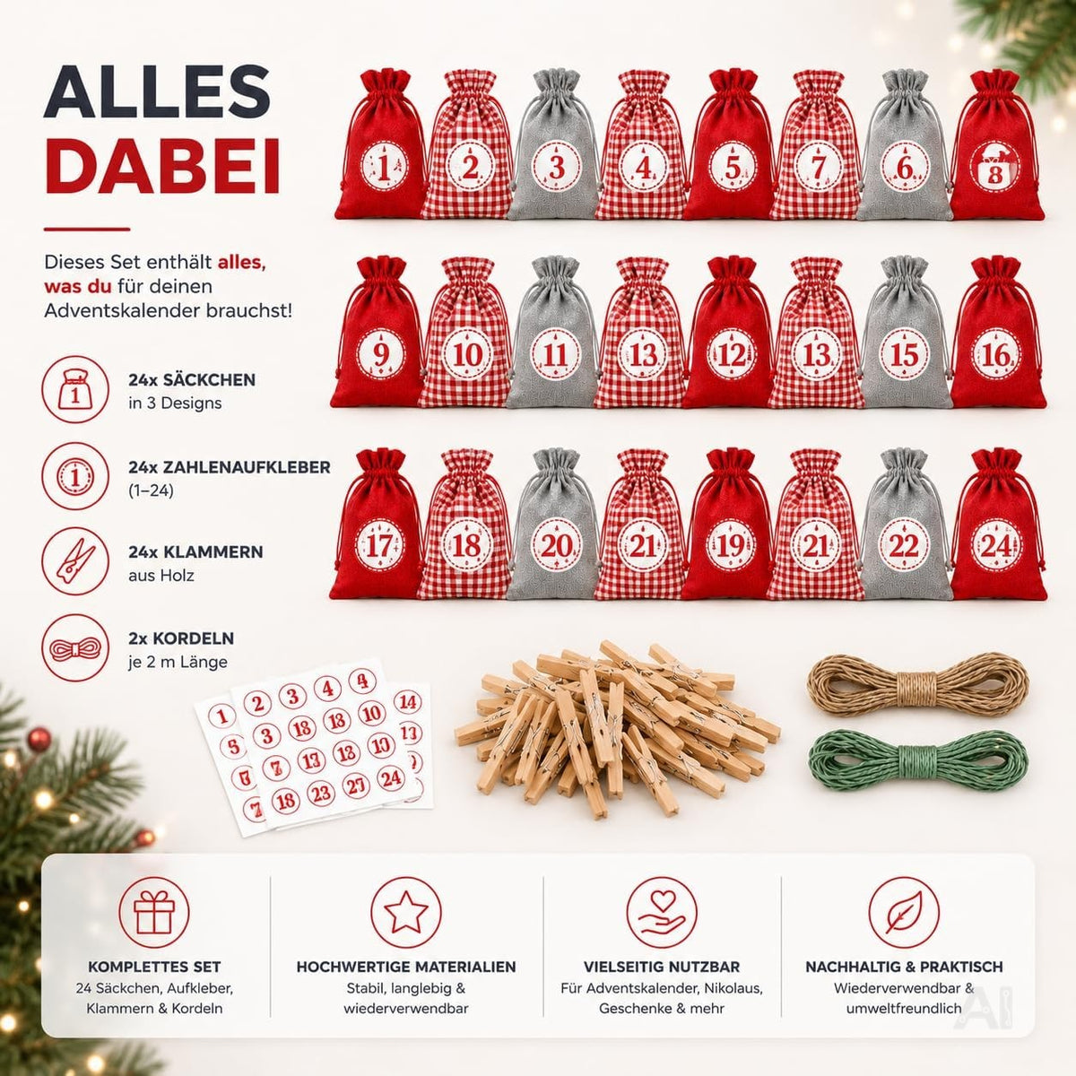 Adventskalender mit 24 Säckchen Modell 1 in Rot, Grau und Rot-Weiß kariert – Produktmotiv 3
