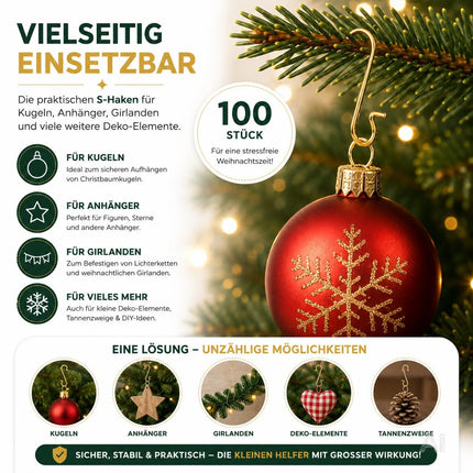 100x Weihnachtsbaum Haken: Baumhaken Kugelaufhänger in Gold und Silber