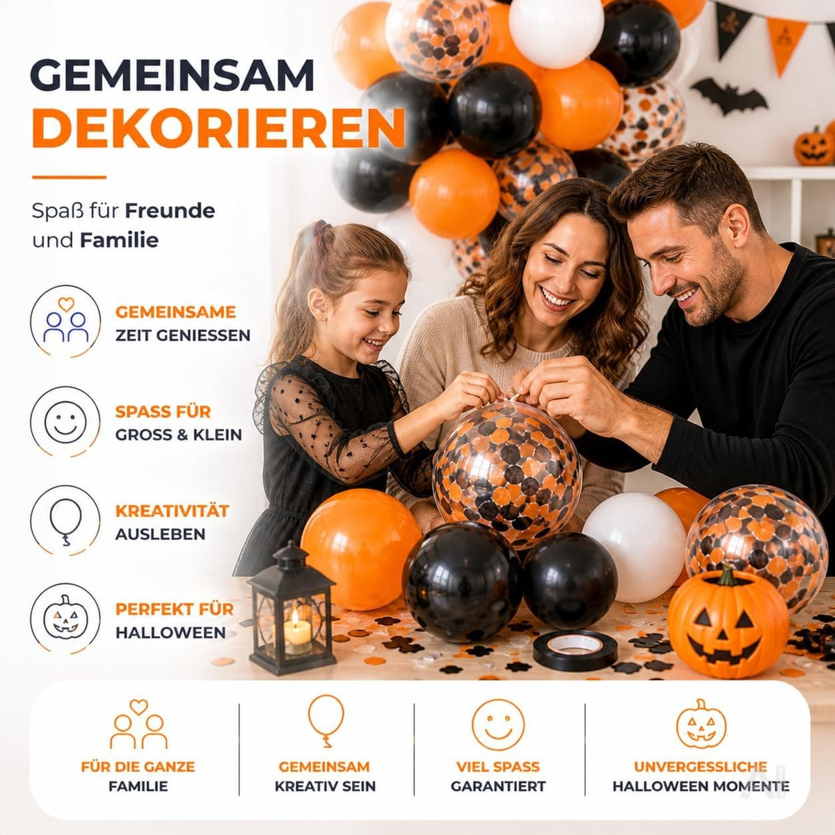 Familie beim Dekorieren mit orangefarbenen, schwarzen, weißen und transparenten Halloween-Ballons.