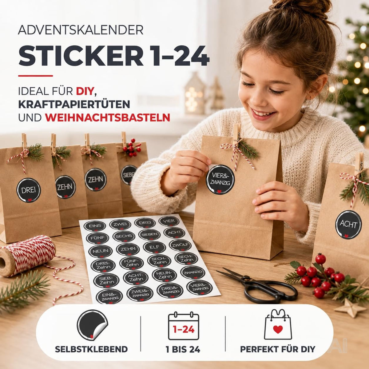 Adventskalender-Aufkleber mit den Zahlen 1 bis 24