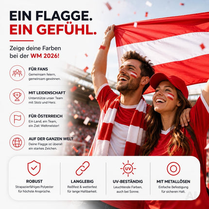 Österreich Flagge 90x150 cm – WM 2026 Weltmeisterschaft Fahne Fanartikel aus strapazierfähigem Polyester mit Metallösen
