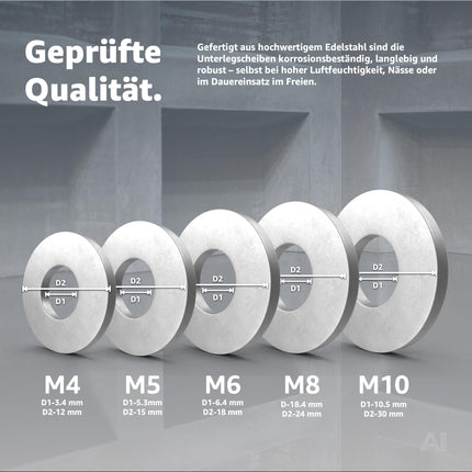 M4 Unterlegscheiben - Edelstahl & Rostfrei - Flache Sicherungsscheiben & Karosseriescheiben für Schrauben & Muttern & Gewinde