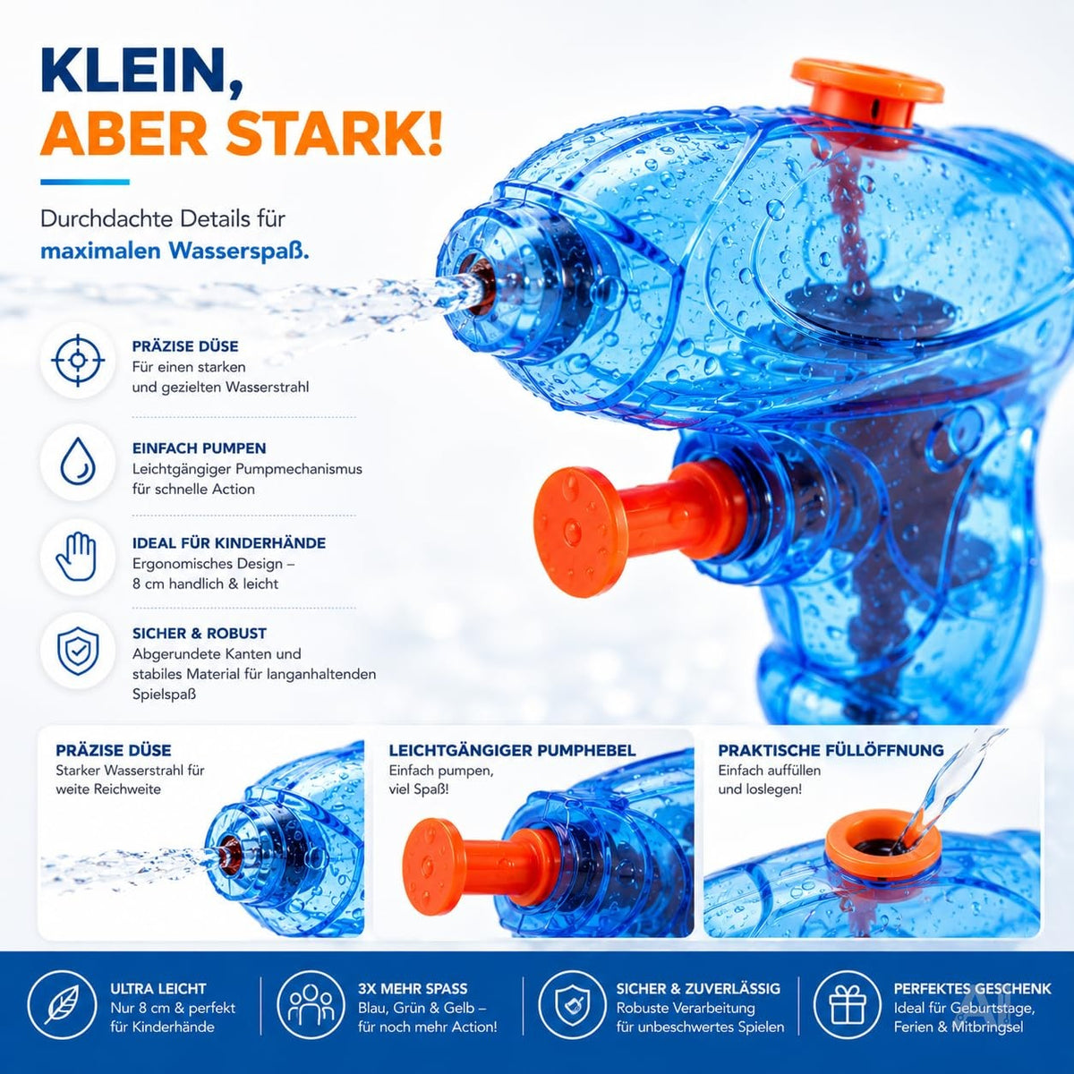 Bunte Mini-Wasserpistolen – Nahaufnahme des Wasserbehälters