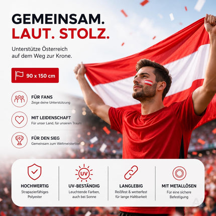 Österreich Flagge 90x150 cm – WM 2026 Weltmeisterschaft Fahne Fanartikel aus strapazierfähigem Polyester mit Metallösen