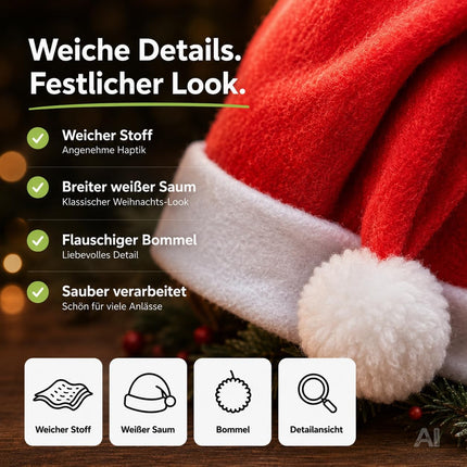 2x Nikolausmütze - Weihnachtsmütze rot für - Einheitsgröße - Erwachsene & Kinder - für Weihnachten & Weihnachtsfeier & Weihnachtsmarkt