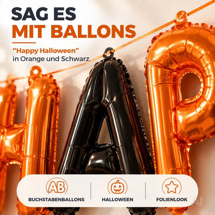 Halloween Deko Set – Luftballons in Orange und Schwarz, Kürbis, Happy Halloween Schriftzug und Sterne für Partydekoration