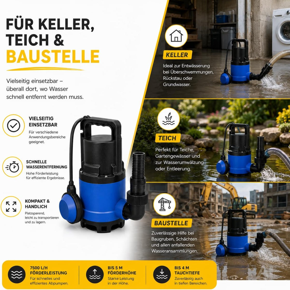 Schmutzwasser-Tauchpumpe, 400 W, 7.500 l/h – 5 m Förderhöhe, 4 m Tauchtiefe, 10 m Kabel, einstellbarer Schwimmerschalter