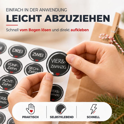 Adventskalender-Aufkleber mit den Zahlen 1 bis 24 – beim Abziehen vom Trägerpapier
