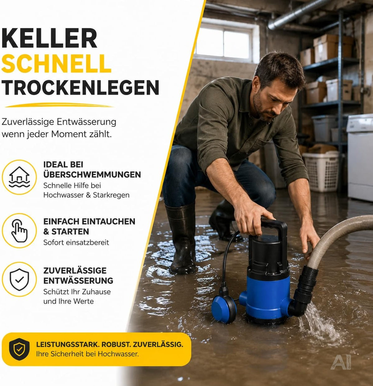 Schmutzwasser-Tauchpumpe, 400 W, 7.500 l/h – 5 m Förderhöhe, 4 m Tauchtiefe, 10 m Kabel, einstellbarer Schwimmerschalter