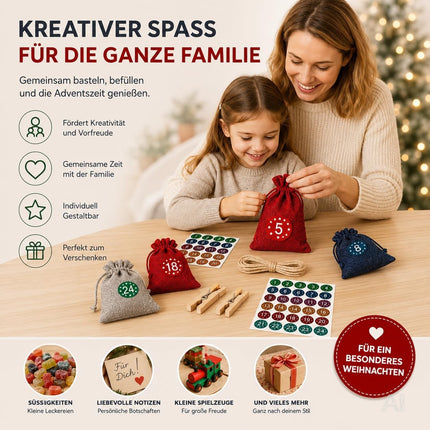 Adventskalender mit 24 Säckchen Modell 3 in Rot, Blau, Grau und Naturfarben – Produktmotiv 4