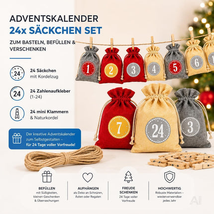 Adventskalender mit 24 Säckchen Modell 2 in Rot, Grau und Naturfarben – Produktmotiv 6