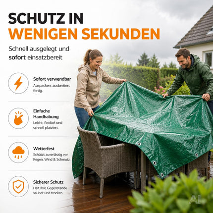 Grüne Abdeckplane mit Ösen – beim Abdecken von Gartenmöbeln