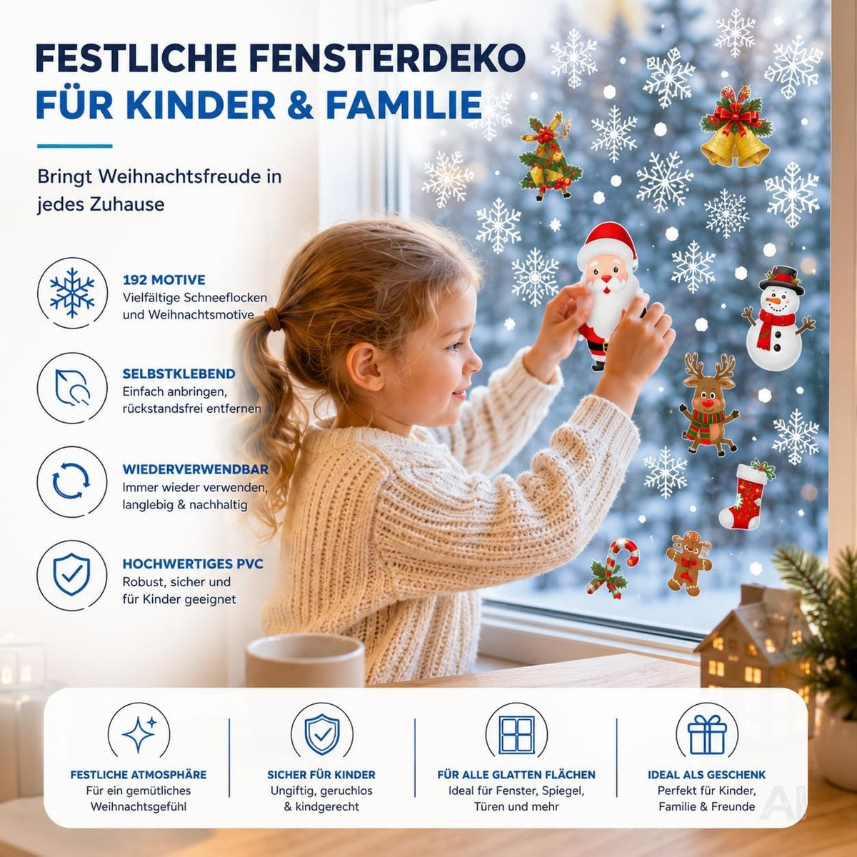 Bunte Weihnachts-Fensterbilder Modell 2 mit Weihnachtsmann, Schneemann und Rentier – Produktmotiv 3