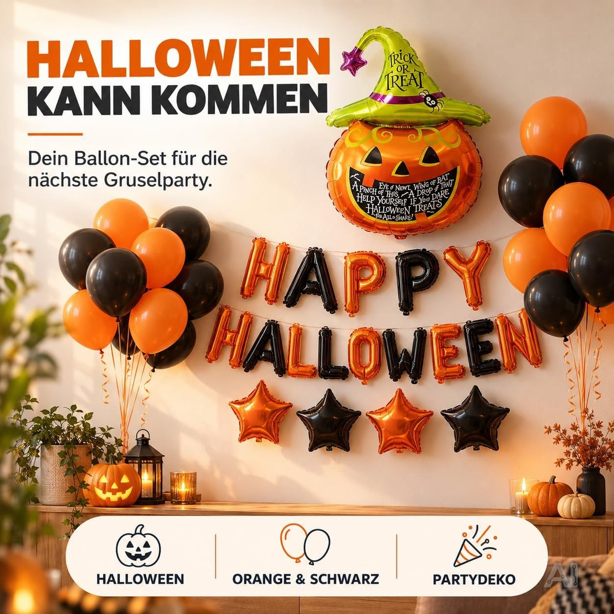 Halloween Deko Set – Luftballons in Orange und Schwarz, Kürbis, Happy Halloween Schriftzug und Sterne für Partydekoration