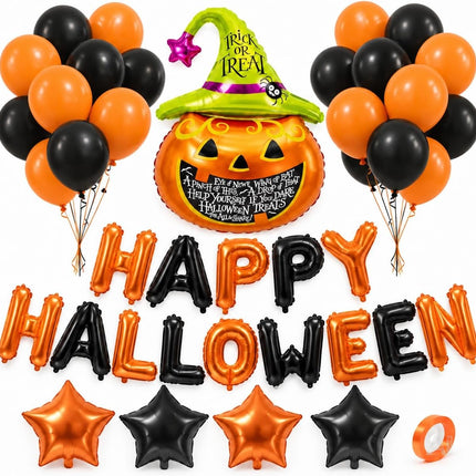 Halloween Deko Set – Luftballons in Orange und Schwarz, Kürbis, Happy Halloween Schriftzug und Sterne für Partydekoration