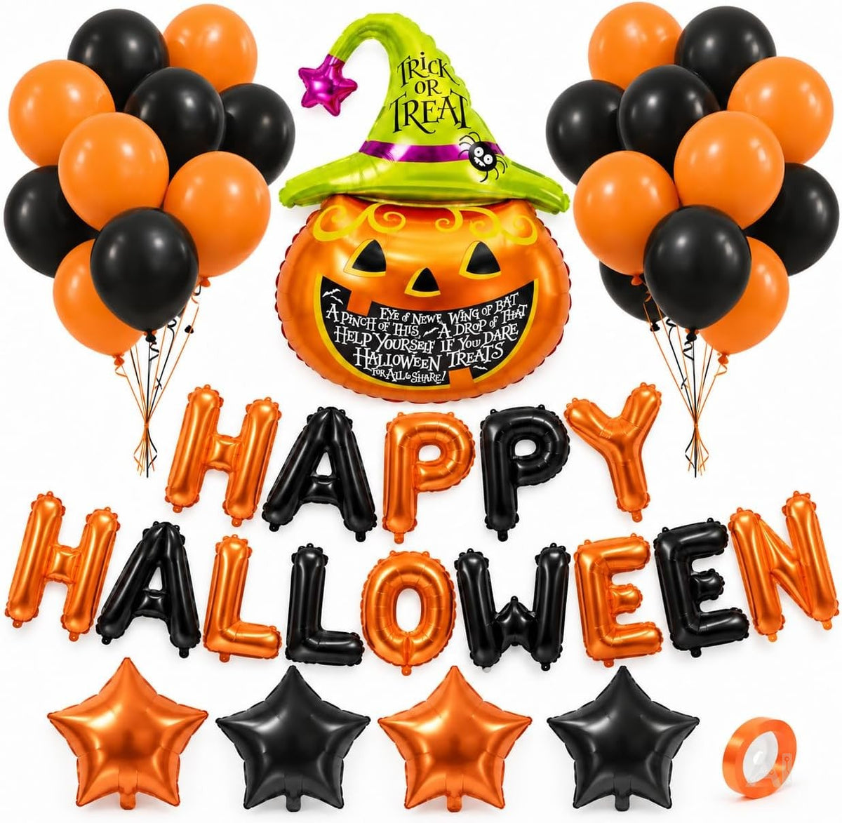 Halloween Deko Set – Luftballons in Orange und Schwarz, Kürbis, Happy Halloween Schriftzug und Sterne für Partydekoration