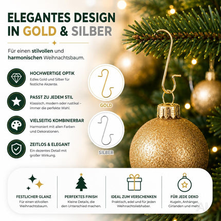 100x Weihnachtsbaum Haken: Baumhaken Kugelaufhänger in Gold und Silber