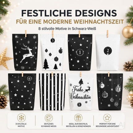 Adventskalender mit 24 Tüten Modell 3 in Schwarz und Weiß mit Weihnachtsmotiven – Produktmotiv 6