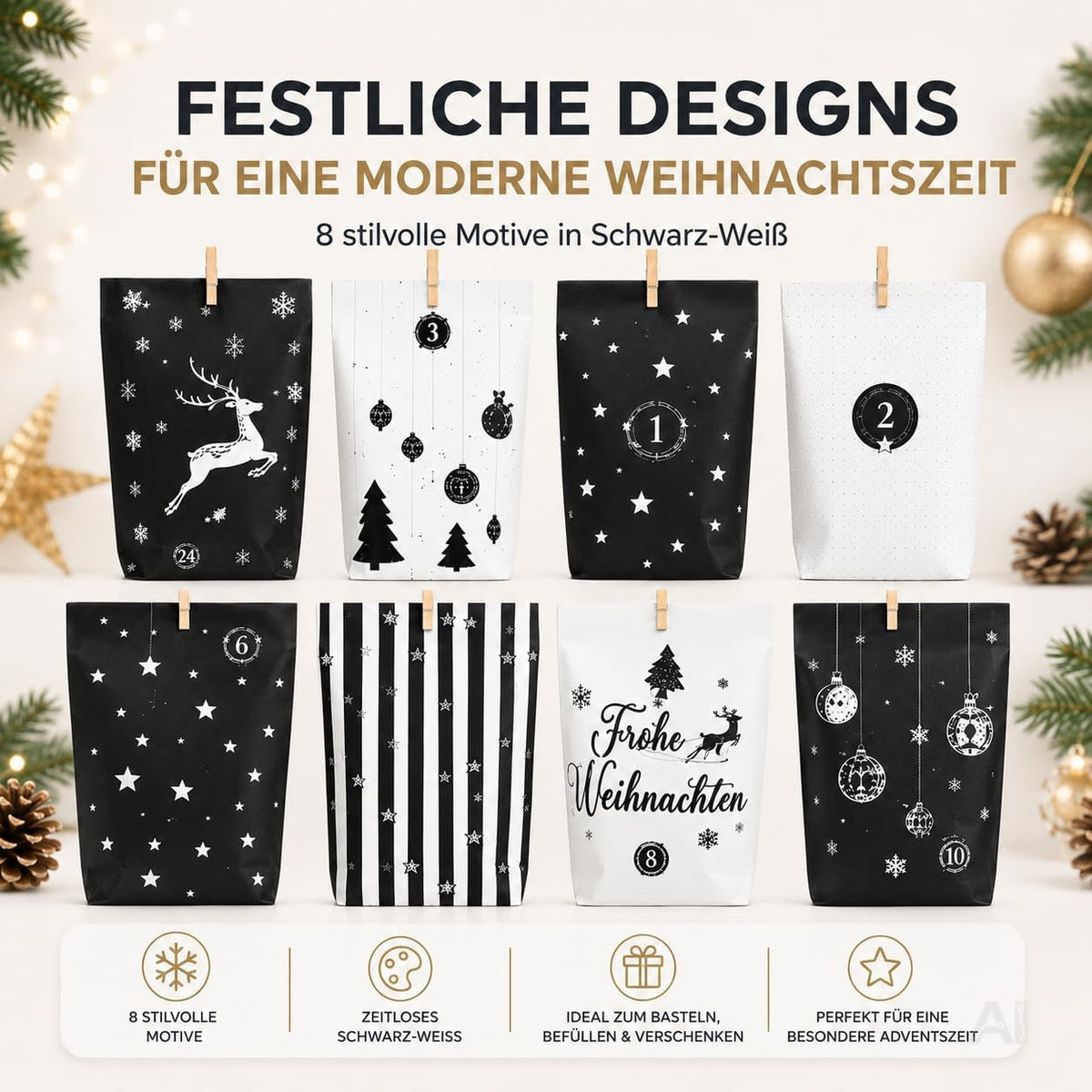 Adventskalender mit 24 Tüten Modell 3 in Schwarz und Weiß mit Weihnachtsmotiven – Produktmotiv 6