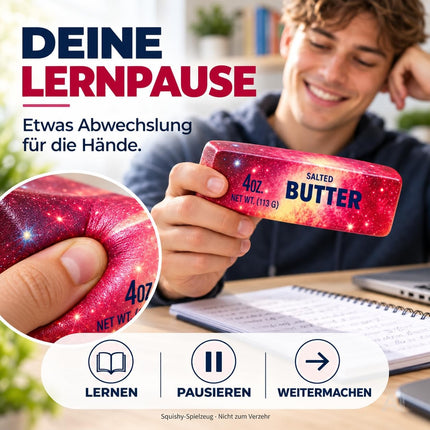 Butter Squishy Antistress-Spielzeug – Weicher Margarine Quetsch zum Knautschen, Fidget Toy für Hände, Arbeitsplatz, Schule & Freizeit (Galaxy rot)