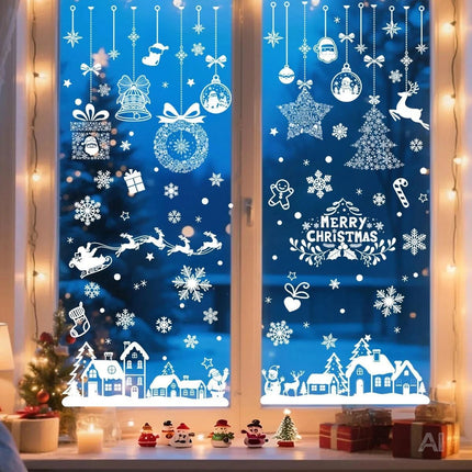 Weiße Weihnachts-Fensterbilder Modell 3 mit Rentieren und Schneeflocken – Setübersicht