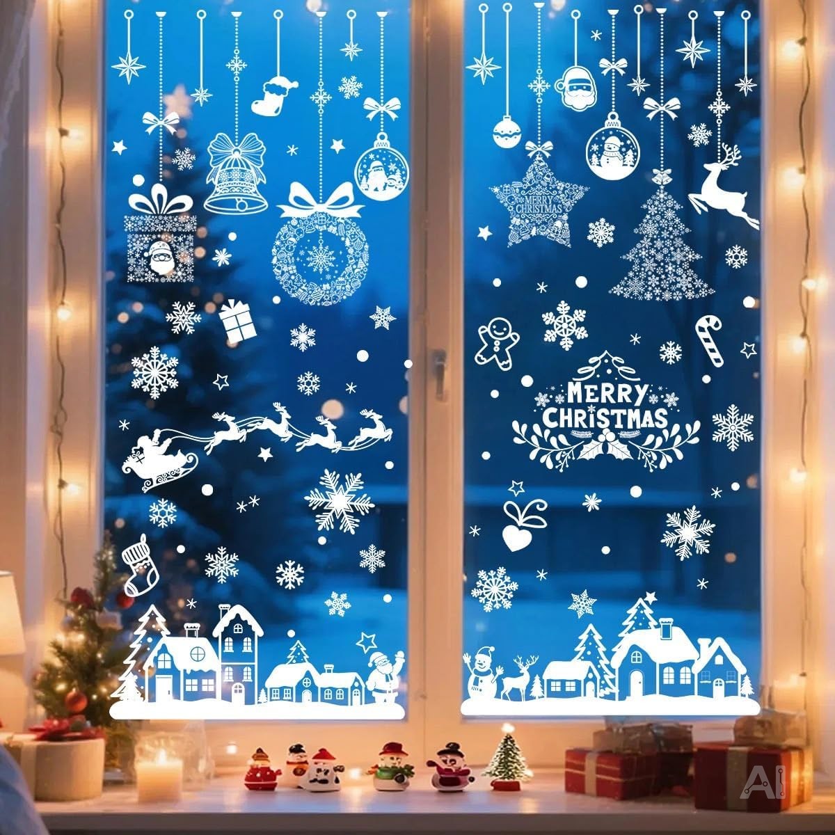 Fensterbilder Weihnachten Modell 3 – 133 weiße Fenstersticker auf 9 Bögen, statisch haftende Weihnachtsdeko ohne Kleber, mit Rentieren, Schneeflocken und Weihnachtsmann für Fenster, Spiegel und Glas