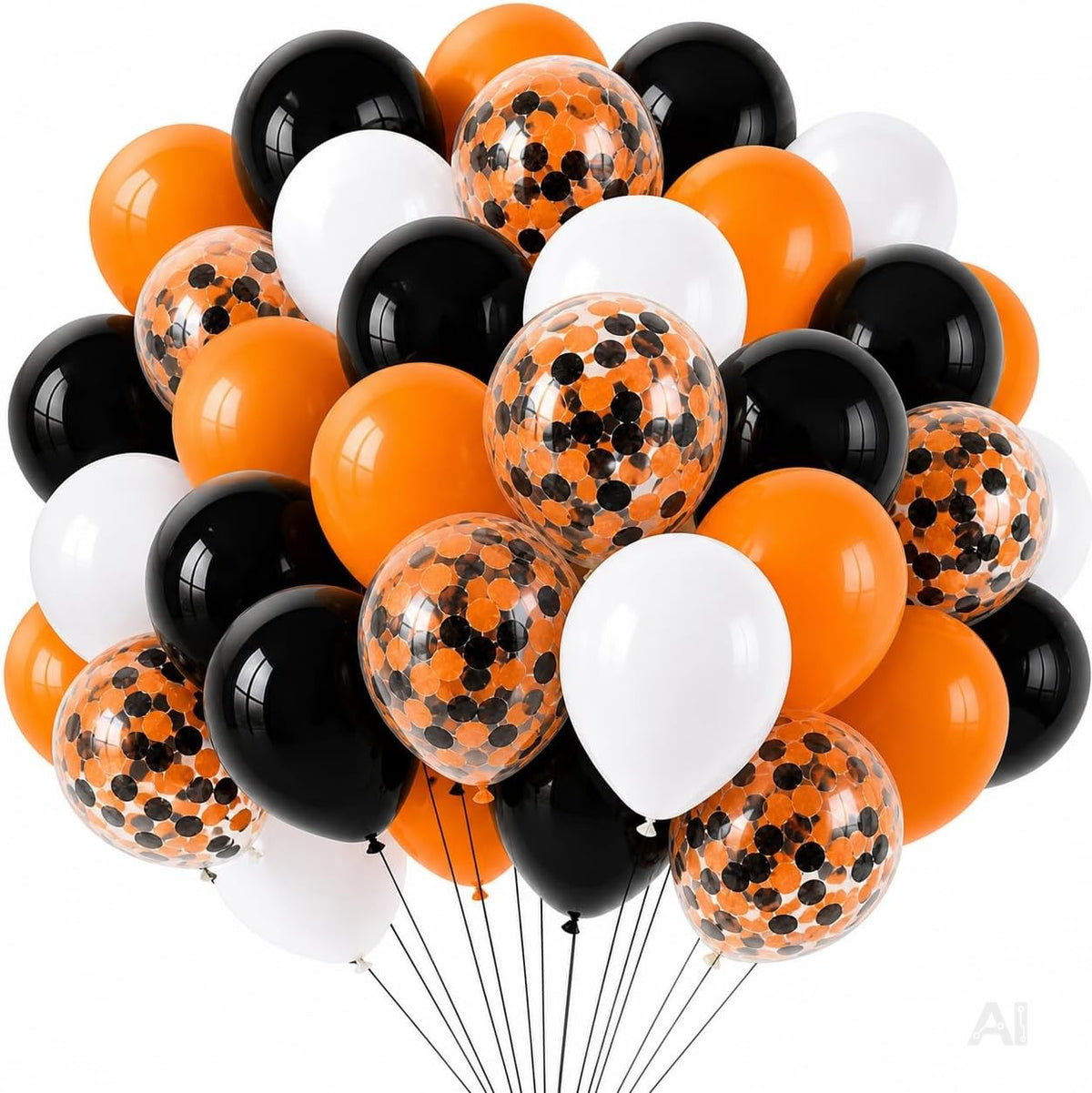 Halloween Luftballons 50er Set Ø 35 cm – Latexballons in Orange, Schwarz und Weiß mit transparenten Konfettiballons, für Luft und Helium, als Partydeko für Gruselfeiern, Ballongirlanden und Fotohintergründe