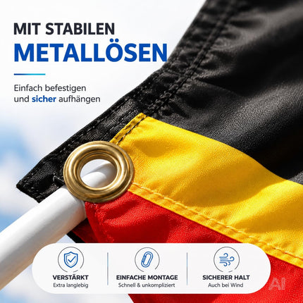 Belgische Flagge in Schwarz-Gelb-Rot – Nahaufnahme einer Metallöse