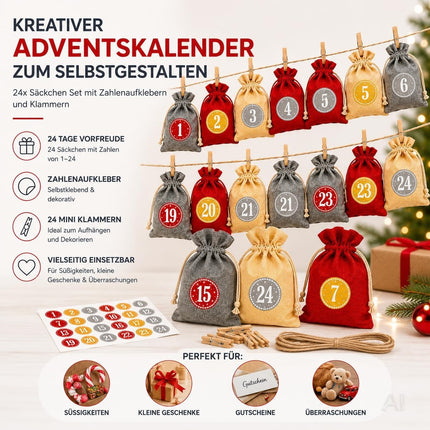 Adventskalender mit 24 Säckchen Modell 2 in Rot, Grau und Naturfarben – Produktmotiv 3