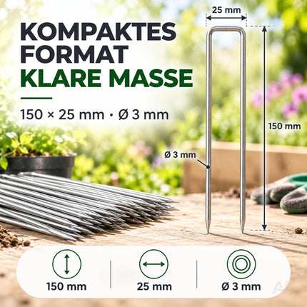 Maßzeichnung eines U-Bodenankers: 150 × 25 mm und 3 mm Drahtdurchmesser
