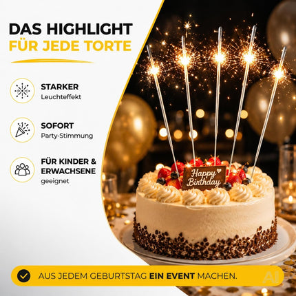 Wunderkerzen, 28 cm – brennend auf einer Torte