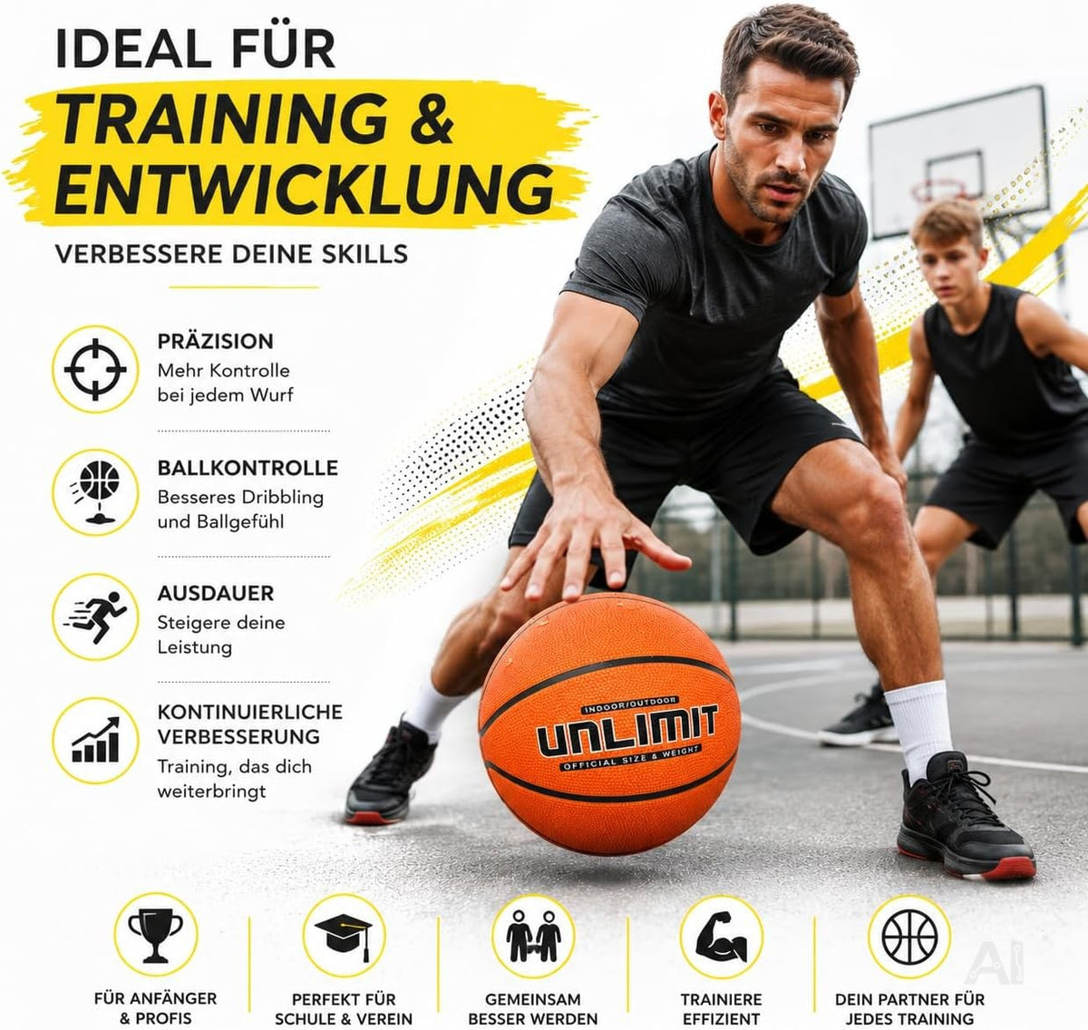 Orangefarbener Basketball Größe 5 aus Gummi – Produktmotiv 3