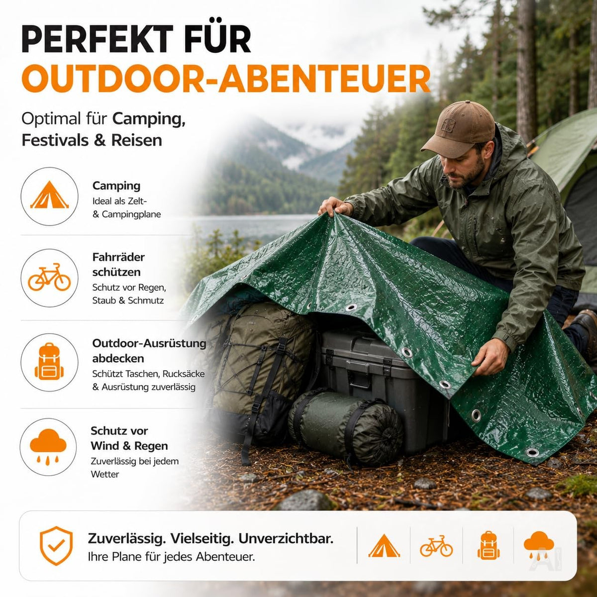 Grüne Abdeckplane mit Ösen – als Wetterschutz beim Camping