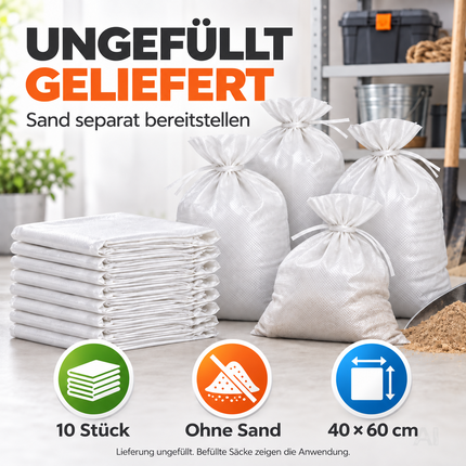10x Sandsack bei Hochwasser - Hochwasserschutz mit Schnürband - 40x60 cm Sack & Gewebesack zum Wasserschutz ungefüllt