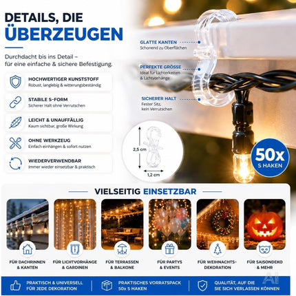 50x S-Haken für Lichterketten & Lichtvorhänge – Dachrinnenhaken zur Befestigung von Weihnachtsbeleuchtung, praktische Halterung für Weihnachtsdeko (50x S Haken)