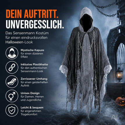Sensenmann Kostüm Erwachsene – Schwarzer Halloween Umhang mit Kette