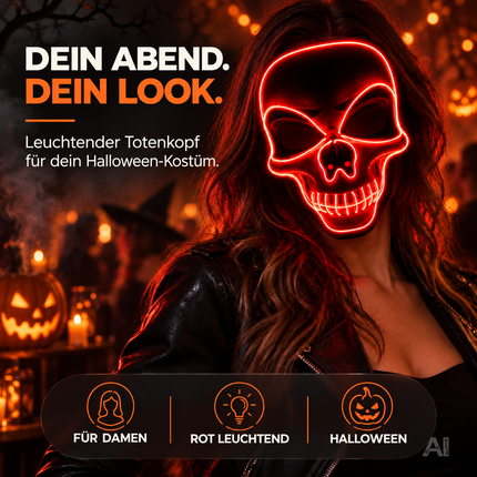 LED Halloween Totenkopf Maske im Purge-Stil, steuerbare Leuchtmaske für Herren & Damen, Kostüm-Accessoire für Fasching & Karneval (LED Totenkopf - Rot)