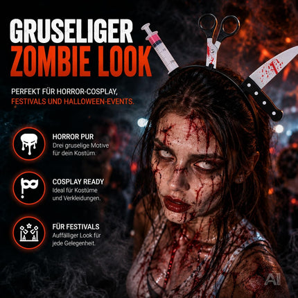 3 in 1 Halloween Horror Accessoire Set – Blutige Spritze, Messer & Schere – Grusel Zubehör für Halloween, Fasching & Kostüm