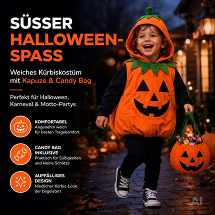Kinder Kürbis Kostüm ab 3 Jahren – Halloween Set mit Tragetasche